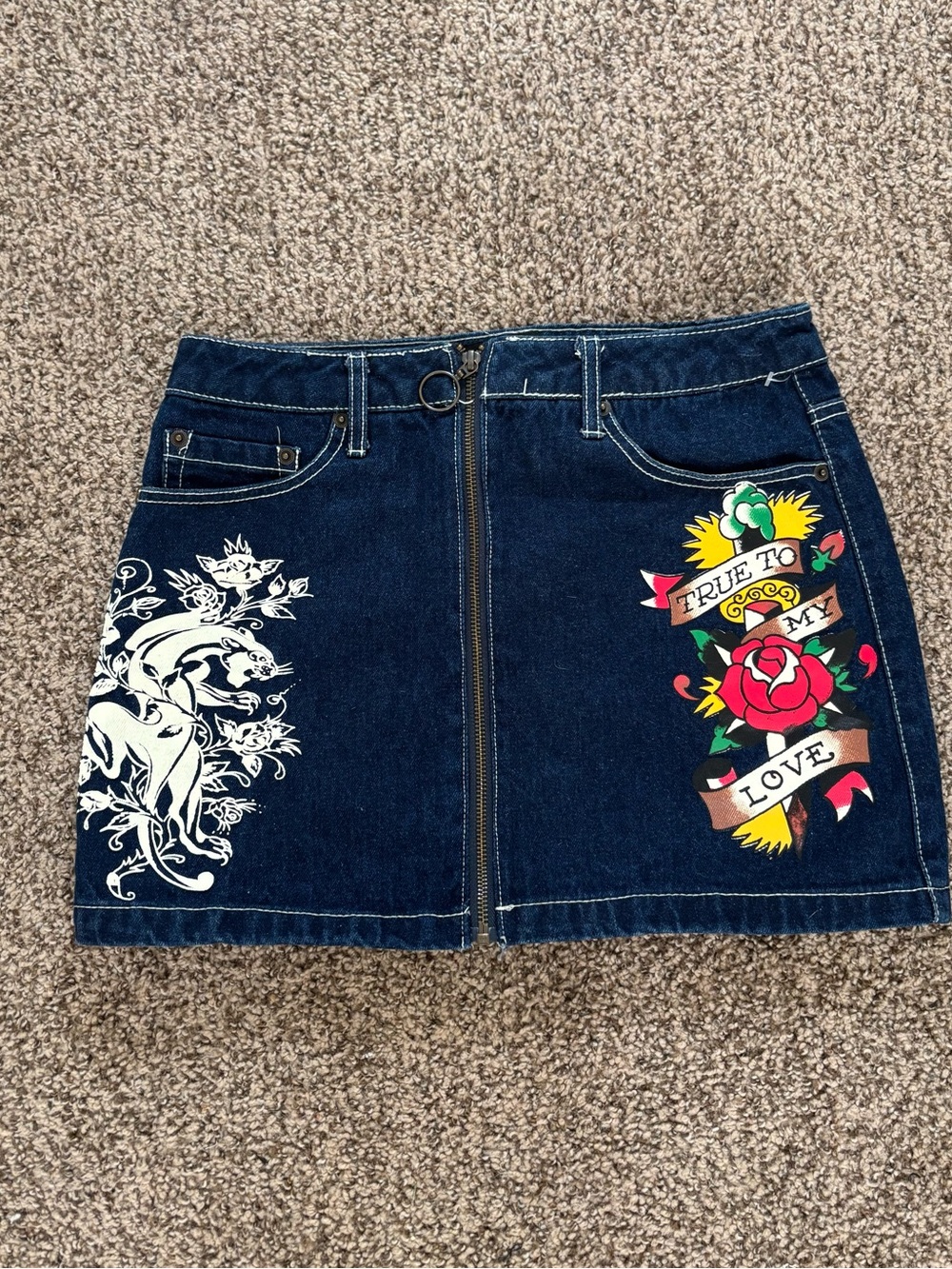 Ed Hardy Dark Blue Denim Mini Skirt with Multicolor Tattoo Print